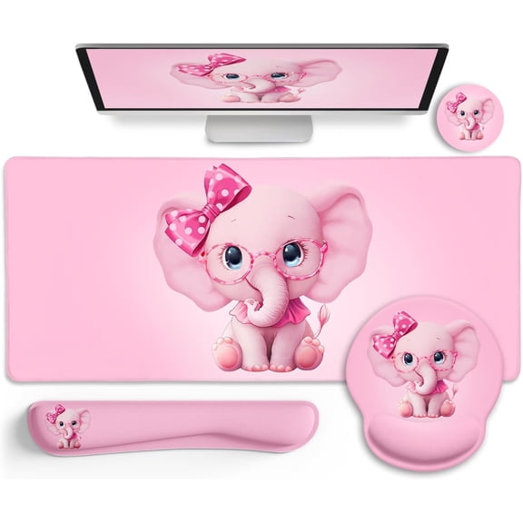 Elephant Mouse Pad Desk Mat Set, Kawaii Gaming Ergonomic Mouse Pad with Wrist Support Wrist Rest for Computer Keyboard Cup Coaster, Cute Pink Elephant Office Supplies Desk Decor Accessories