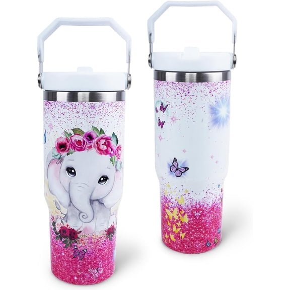 Elephant Mug 30 oz Tumbler with Handle Flip Straw Leak Proof - Elephant Gifts for Women 30oz Tumbler 30 Ounce Travel Coffee Mug - Birthday Gifts for Women Friend Daughter Elephant Lover