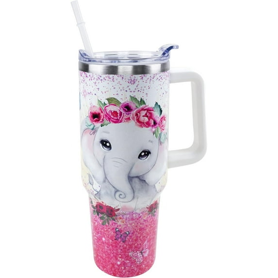Elephant Mug 40 oz Tumbler with Handle and Straw Lid Leak Proof - White Elephant Gifts for Women Travel Coffee Mug Insulated for Hot Cold Ice, Birthday Gifts for Women Friend Daughter Elephant Lover