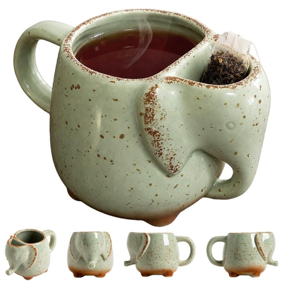 Elephant Mugs,Funny Ceramic Green Elephant TeaMug, Handmade 3D Animal Figurine Mugs with Tea Bag Holder,Cartoon ElephantCoffee Cup,Gifts for Coffee Milk Tea Lovers,Birthday,Christmas, Valentines Day