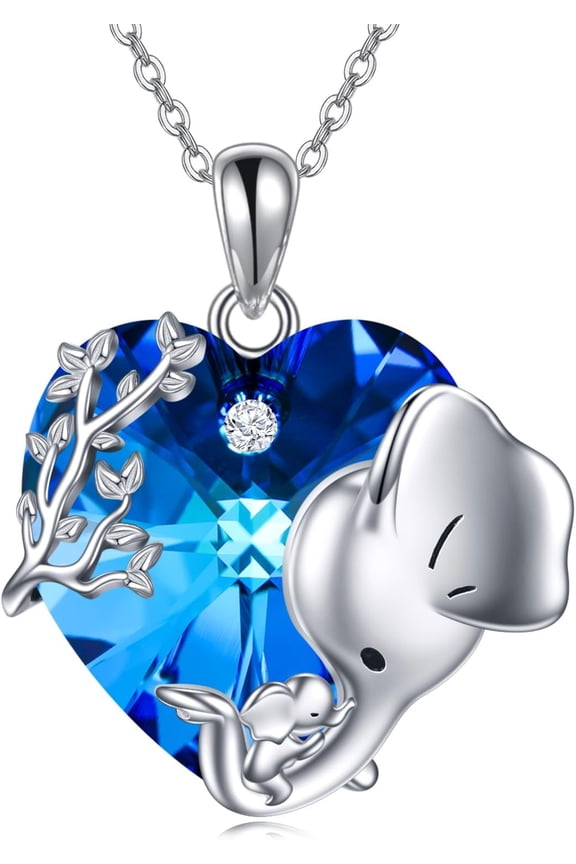 Elephant Necklace 925 Sterling Silver Elephant Heart Crystal Pendant Necklaces Animal Jewelry Gifts for Women