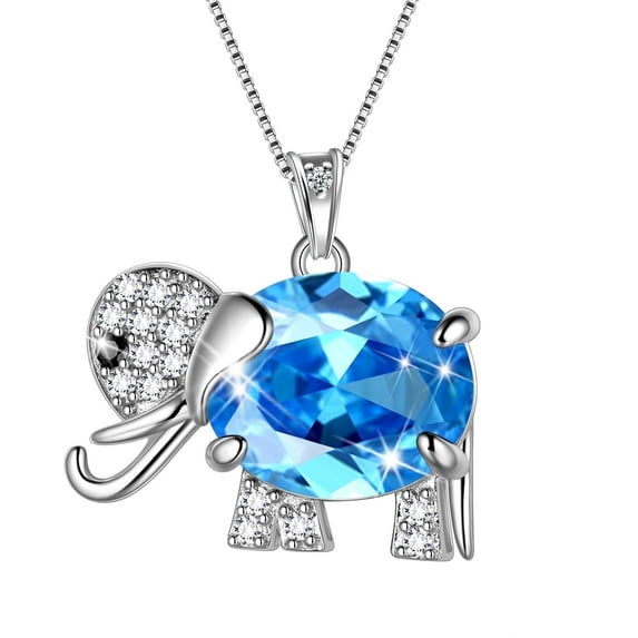 Juwaliy Elephant Necklace Aquamarine March Birthstone 925 Sterling Silver Pendant Charm Blue Crystal Jewelry Women Daughter Wife Mother Christmas Birthday Gifts