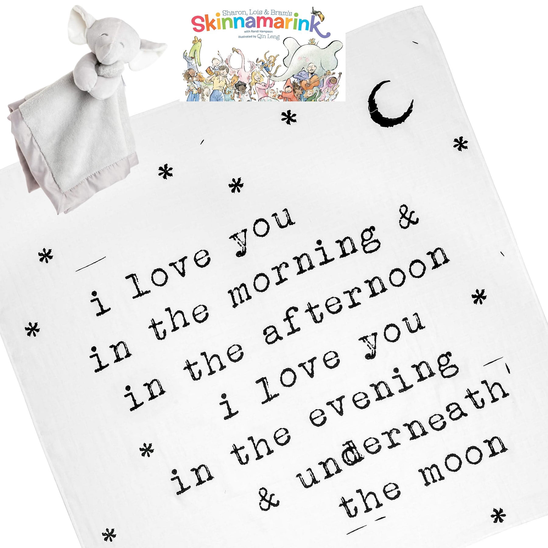 Elephant New Baby Gift Set: Elephant Plush Stuffed Animal Lovey Security, Swaddling Blanket (I Love You ... Underneath The Moon), and Skinnamarink Board Book