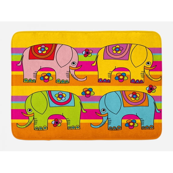 Elephant Nursery Bath Mat, Funky Floral Eastern Elephants Colorful Hand Drawn Asian Fantasy Figures, Non-Slip Plush Mat Bathroom Kitchen Laundry Room Decor, 29.5 X 17.5 Inches, Multicolor, Ambesonne