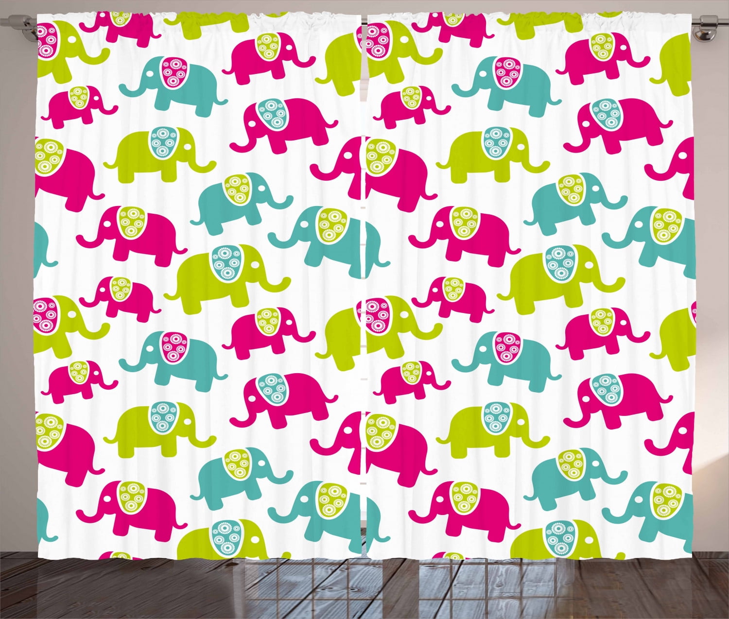 Elephant Nursery Curtains 2 Panels Set, Cartoon Cute Elephants with