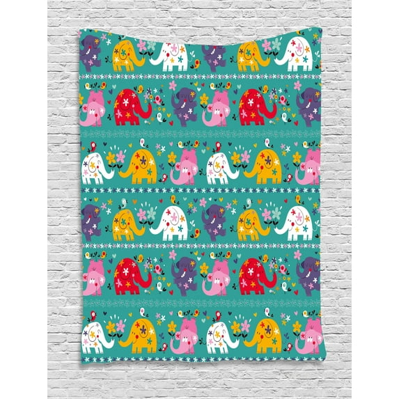 Elephant Nursery Decor Tapestry, Joyful Kids Pattern Festive Colorful Animals Flowers Funny Nature, Wall Hanging for Bedroom Living Room Dorm Decor, 60W X 80L Inches, Multicolor, by Ambesonne