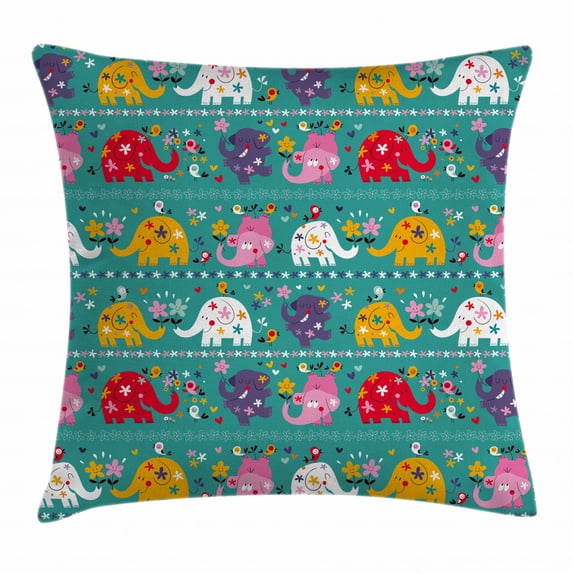 Elephant Nursery Decor Throw Pillow Cushion Cover, Joyful Kids Pattern Festive Colorful Animals Flowers Funny Nature, Decorative Square Accent Pillow Case, 18 X 18 Inches, Multicolor, by Ambesonne