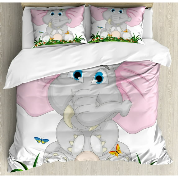 Elephant Nursery Duvet Cover Set King Size, Friendly Elephant Cartoon in Garden Daisies Butterflies with Huge Ears, Decorative 3 Piece Bedding Set with 2 Pillow Shams, Multicolor, by Ambesonne