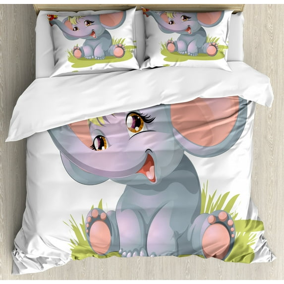 Elephant Nursery Duvet Cover Set King Size, Newborn Animal Funny Mascot Puppet Yellow Hair Fun Happiness Butterfly, Decorative 3 Piece Bedding Set with 2 Pillow Shams, Multicolor, by Ambesonne