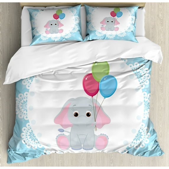 Elephant Nursery Duvet Cover Set King Size, Stars with Ornate Motifs Cartoon Kid Animal in Circle Holding Balloons, Decorative 3 Piece Bedding Set with 2 Pillow Shams, Multicolor, by Ambesonne