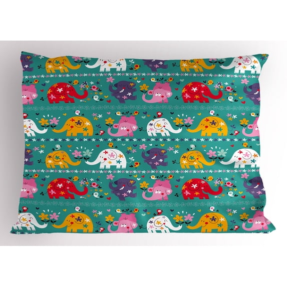 Elephant Nursery Pillow Sham Joyful Kids Pattern Festive Colorful Animals Happy Flowers Funny Nature, Decorative Standard Size Printed Pillowcase, 26 X 20 Inches, Multicolor, by Ambesonne