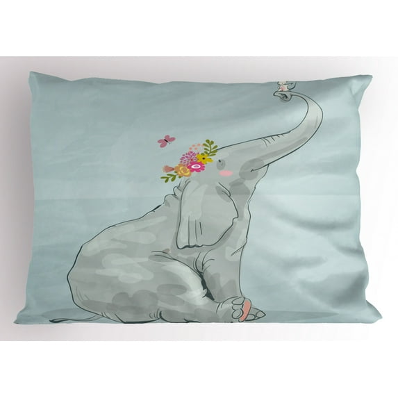 Elephant Nursery Pillow Sham Elephant and Little Mouse Friendship Fun Art Hand Drawn Flowers Design, Decorative Standard Size Printed Pillowcase, 26 X 20 Inches, Multicolor, by Ambesonne