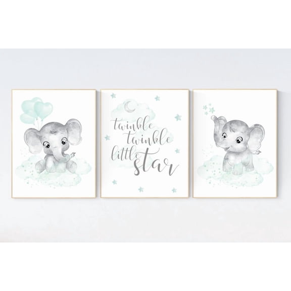 Elephant Nursery Poster Mint Green Gender Neutral Baby Room Decor Stars and Moon Theme Elephant Baby Shower Decoration Set 3