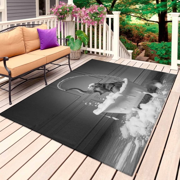 Elephant Outdoor Rug 5x7 Ft, Non Slip Washable Area Rug, Funny Animal Bathtub Abstract Art Grey Patio Rugs Carpet Runner, Large Floor Mat for Indoor/Outdoor Deck Porch Camping