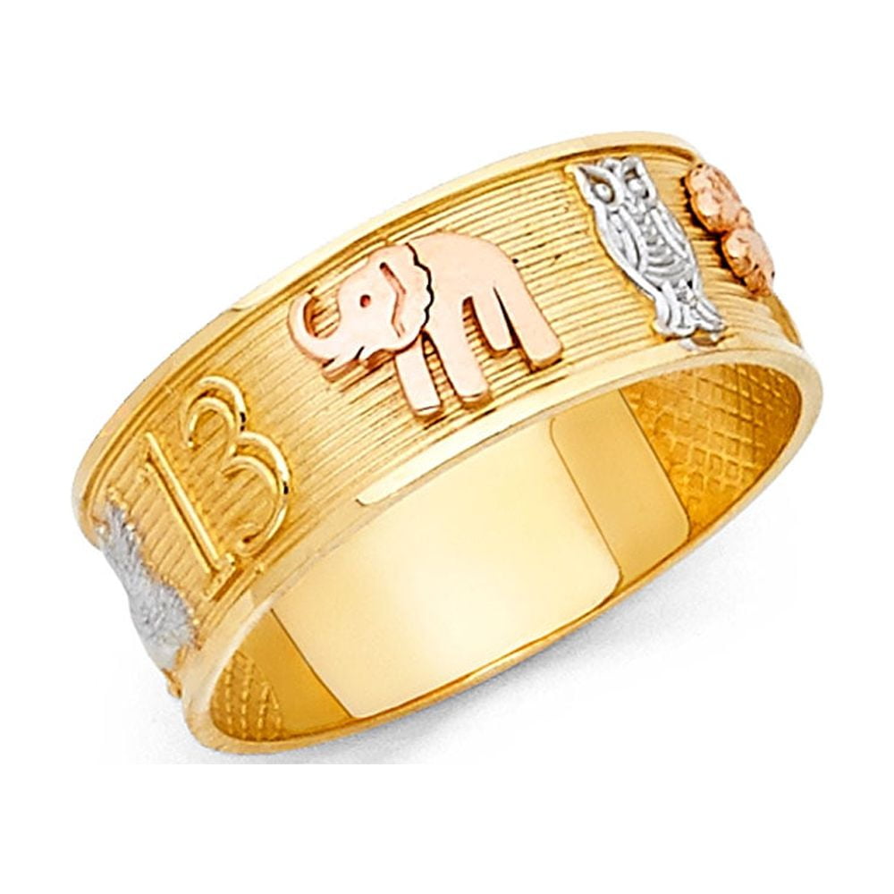Elephant Owl 13 Clover Ring 14k Yellow White Rose Gold Good Luck Charm Band Solid Tri Color 6MM, Size 7