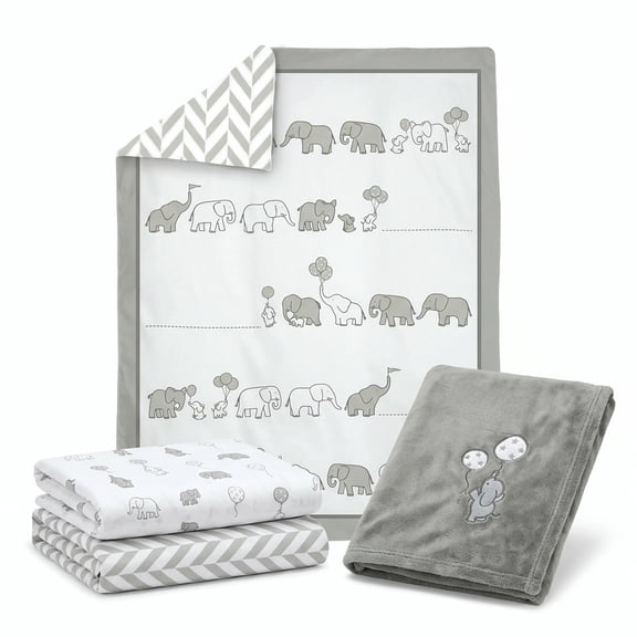 Manhattan Kids Elephant Parade Nursery Bedding Set | 4-Piece Neutral Crib Sheet & Nursery Décor Set | Soft Elephant Theme for Boys & Girls