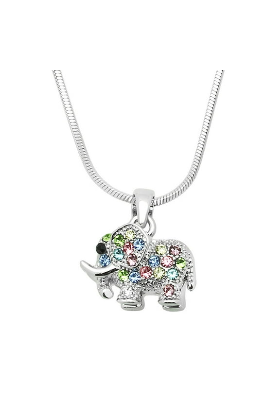 Elephant Pendant Necklace Multicolor Rhinestone Crystal Rhodium Plated 17 Inch Snake Chain J0207-MT