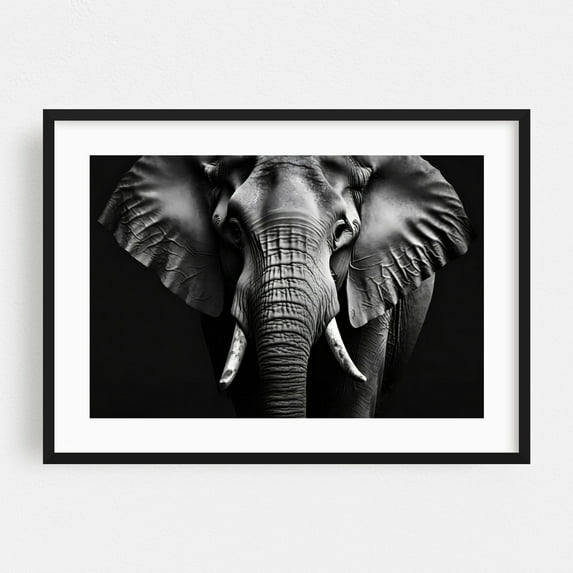 Elephant - Photography Wildlife Black and White Animal Nature Portrait Moody Black Framed Wall Art Print 20 x 30 inches