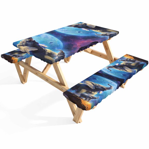 Elephant Picnic Table Cover with Bench Covers Watercolor Roaring Elephant Fantasy Universe Planet Tree Waterproof Fitted Picnic Tablecloth 3 Pieces Set Table Cloth for Outdoor Camping Garden BBQ
