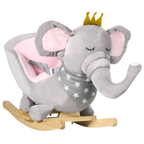Elephant Plush Rocking Horse with Sound, Wood Base & Safety Belt, for Ages 18-36 Months, Silver Gray