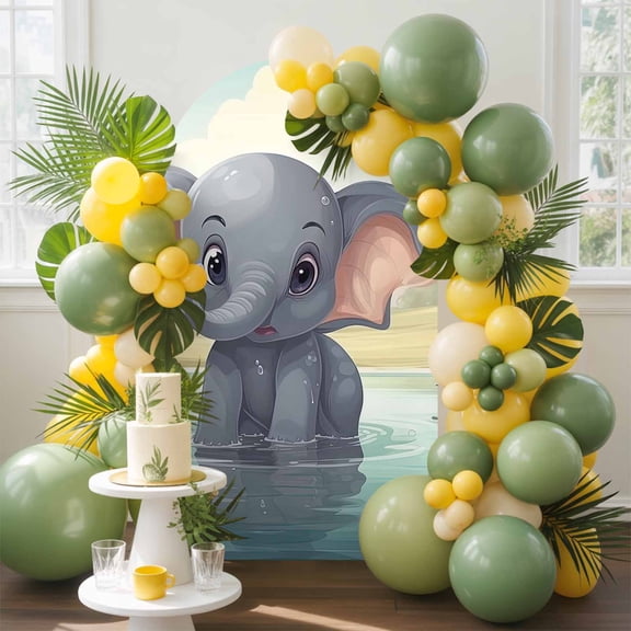 Elephant Pool Water Arch Backdrop Cover, 4FT, Trees Reflection Bathing Elephant Spandex Arch Covers Double-Sided Backdrop for Wedding Birthday Party Photo Background Decoration