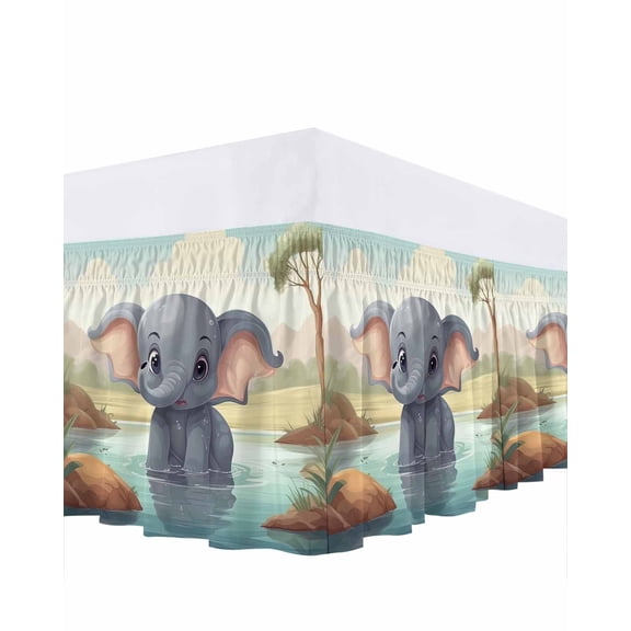 Elephant Pool Water Bed Skirt Queen Size 16" Drop Trees Reflection Bathing Elephant Ruffled Wrap Around Bed Skirts Adjustable Elastic Bedskirt Dust Ruffle for Queen Size Bed