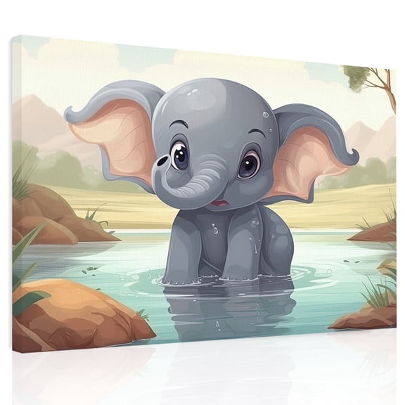 Elephant Pool Water Canvas Print Wall Art, Trees Reflection Bathing Elephant Wall Decor Modern Artwork Paintings Pictures for Living Room Framed and Stretched Ready to Hang, 20" x 24"