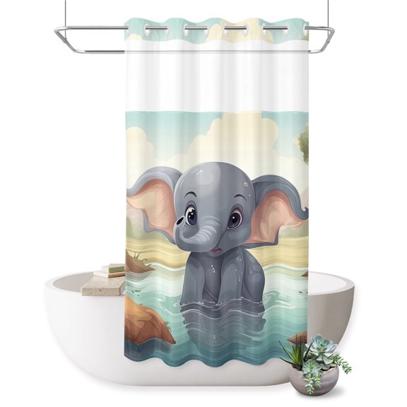 Elephant Pool Water No Hook Shower Curtain Trees Reflection Bathing Elephant Shower Curtain with See Through Top Window, Waterproof Washable Fabric Curtain for Bathroom Hotel Decor, 36Wx72L
