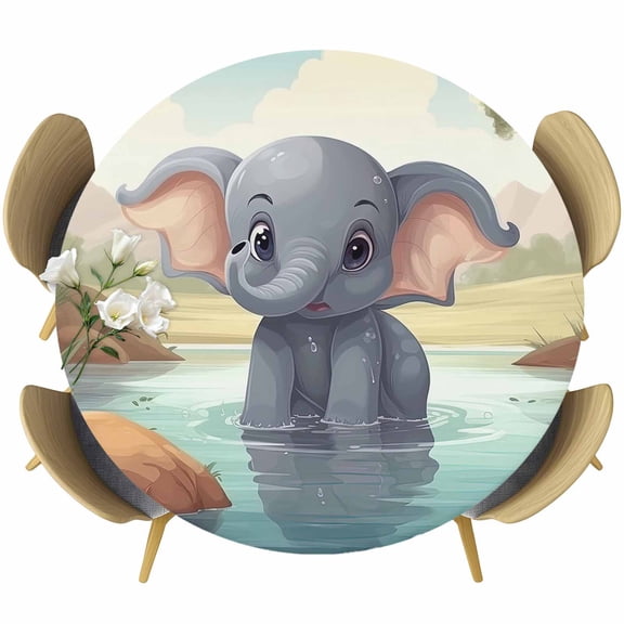 Elephant Pool Water Round Fitted Table Cover Trees Reflection Bathing Elephant Waterproof Table Cloth with Elastic Edge Wipeable Tablecloth for Picnic Camping Party Fits 36"-44" Diameter