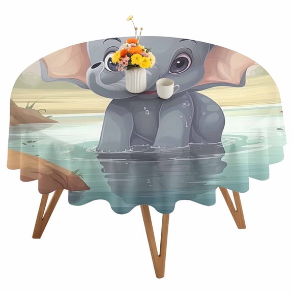 Elephant Pool Water Round Tablecloth 54 inches Trees Reflection Bathing Elephant Waterproof Oil-Proof Table Cloth Round Table Cover for Holiday Party Picnic Dinner Decor Indoor and Outdoor Use