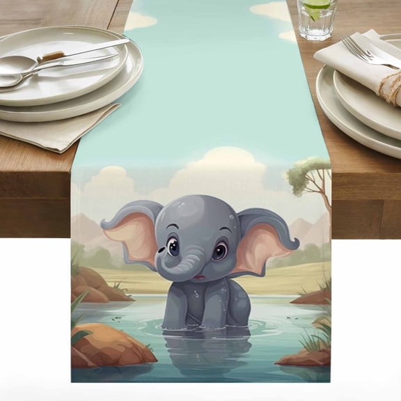 Elephant Pool Water Table Runner 13x36 inch Trees Reflection Cotton Linen Dining Table Runner Ideal for Dresser Kitchen Coffee Tables - Machine Washable