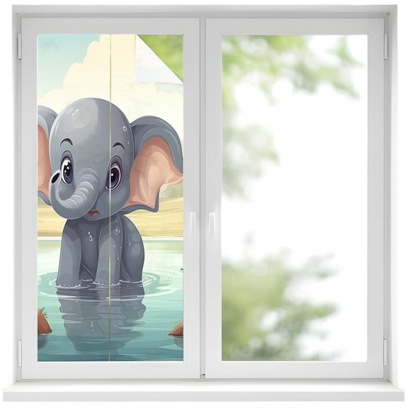 Elephant Pool Water Window Privacy Film 17.7x39.3in Trees Reflection Bathing Elephant Decorative Window Film with Static Cling, UV Filtering Window Cling Privacy Film for Glass Doors and Windows
