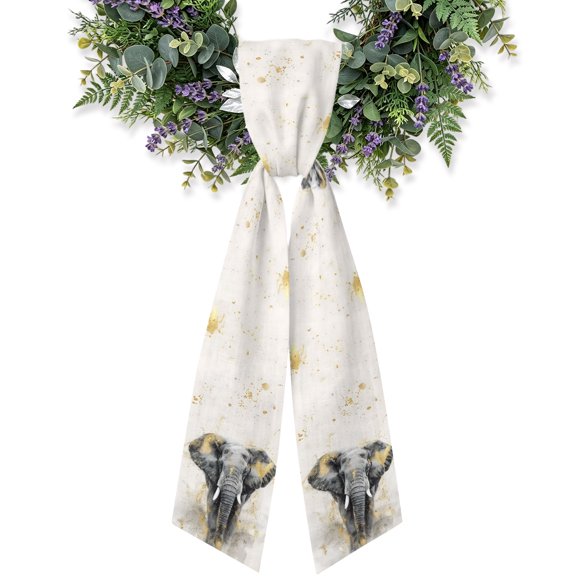 Elephant Portrait Wreath Sash for Front Door, Modern Gray Golden Splatters Satin Wreath Ribbon Bow Accessory Garland Home Decor for Doorway Porch Yard 4.5x56