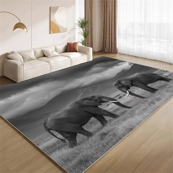Elephant Print Area Rugs, Black White Wildlife Pattern Carpet, Washable Non Slip Low Pile Soft Rug for Living Room Bedroom Office Decor Mat 5ftx8ft
