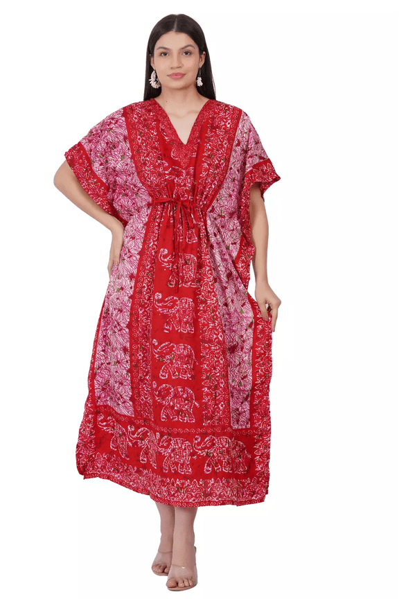 Elephant Print Kimono Sleeve Kaftan Women’s One Size Maxi Tunic Dress for Beach & Cocktail Party Red