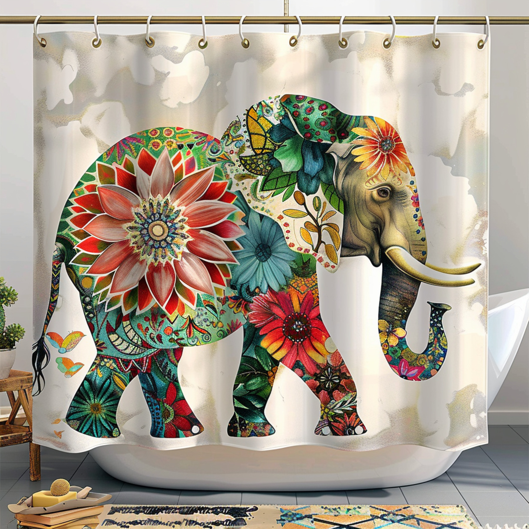 Elephant Print Shower Curtain with Colorful Floral Patterns Bathroom