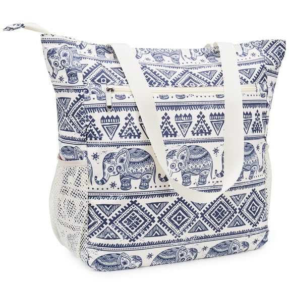 Elephant Print Travel Beach Tote Bag Large Capacity Shoulder Handbag with Multi Pockets Water-resistant for Seaside Shopping Casual for Women