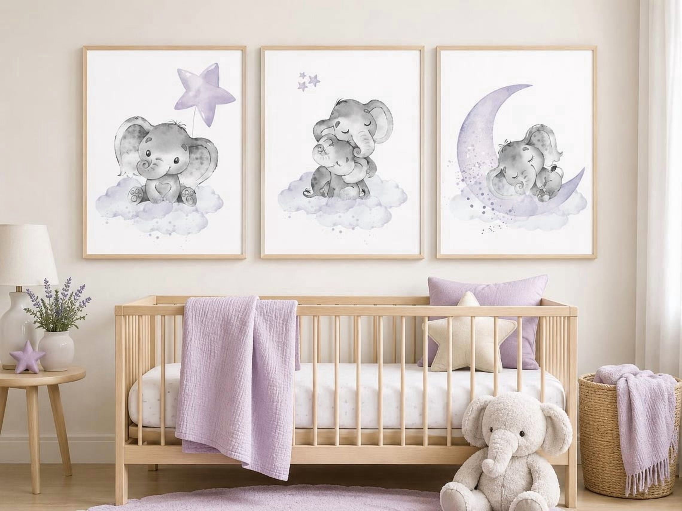 Elephant Purple Moon Nursery Wall Art Prints, Stars, Girls Room And ...