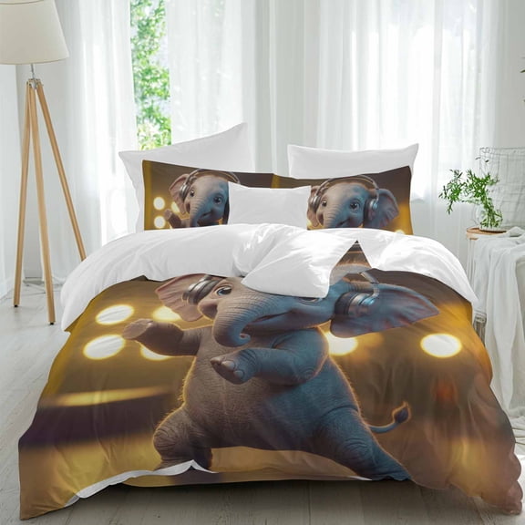 Elephant Queen Duvet Cover Set, Abstract Headphone Elephant Shiny Light Background 4 Piece Microfiber Bedding Set with Zipper Closure, Bed Sheet and 2 Pillow Shams, Soft Bedding Cover