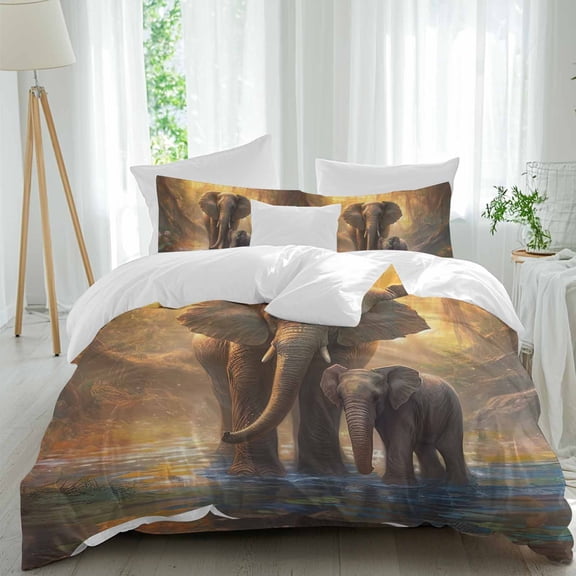 Elephant Queen Duvet Cover Set, Animal Forest River Yellow Oil Painting 4 Piece Microfiber Bedding Set with Zipper Closure, Bed Sheet and 2 Pillow Shams, Soft Bedding Cover