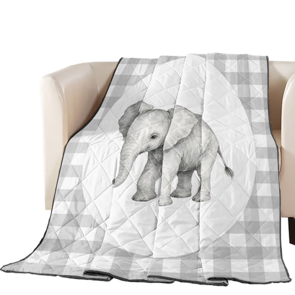 Elephant Quilted Comforters Cooling Blanket King Size, Gray Plaid Modern Funny Animal Cold Comfort for Hot Sleepers Lightweight Air Conditioning Quilt Blanket for Bed
