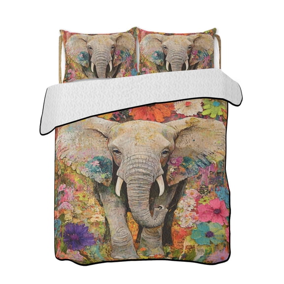 Elephant Quilts Bedding Set Queen Size Animal Floral Garden Oil Paint Style Lightweight Quilted Bedspread 3 Piece Bed Quilt with 2 Pillow Shams All Season for Bedroom 78" x 90"