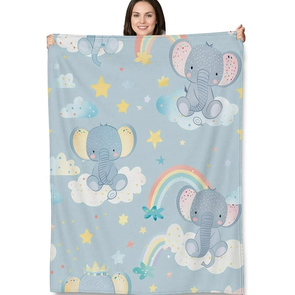 Elephant Rainbow Blanket, Cute Baby Elephant Fleece Throw with Stars and Clouds Design, Soft Cozy Lightweight Blanket, Perfect for Nursery Decor and Baby Showers, 40x50 in,Decor