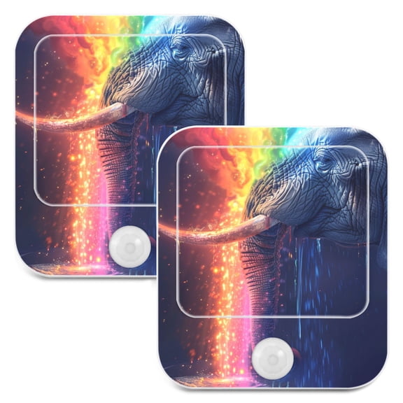 Elephant with Rainbow Waterfall 2 Pack LED Motion Sensor Night Light Plug into Wall Auto Dusk to Dawn Adjustable Brightness for Kids Bedroom Hallway Nursery Room