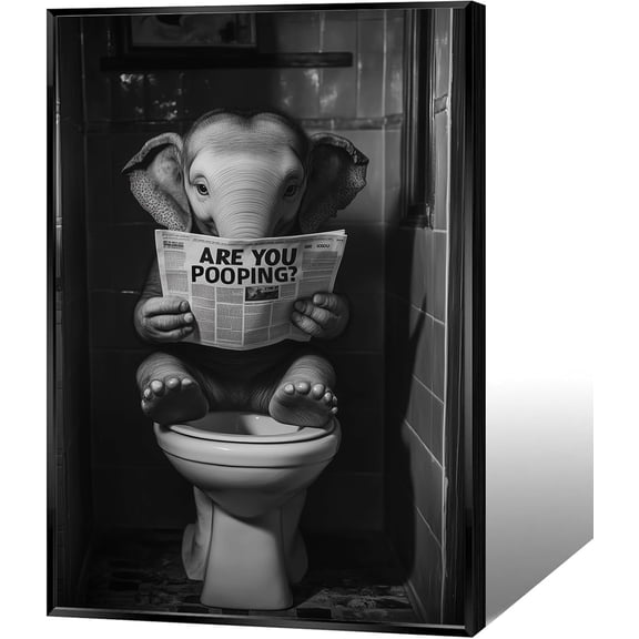 Elephant Reading Newspaper On Toilet Bathroom Wall Art Posters Black And White Humor Animal Prints Painting Funny Animal Artwork Wall Decor For Restroom Washroom 8x12in Unframed