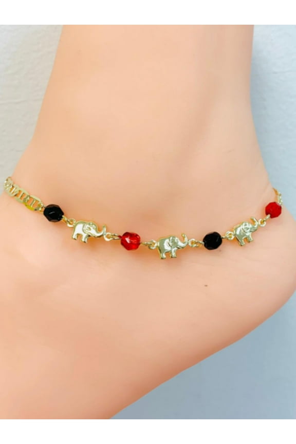 Elephant Red Black Beads Anklet Bracelet 18K Gold Filled 10" Inches / Womens Anklet Bracelet / Azabache Bracelet / Animals Bracelet / Tobillera de Elefante para Mujer / Pulsera de Pie Rojo y Negra