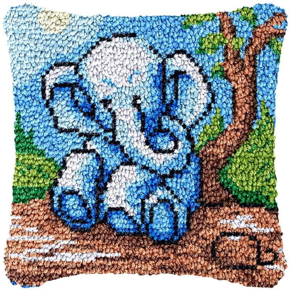 Elephant Resting Latch Hook Pillow Cover Kits for DIY Handmade Throw Pillow Cross Stitch Latch Hook Pillowcase Rug Kits with Preprinted Color Pattern Canvas Crochet Yarn Kits 17''X 17''(ch67)