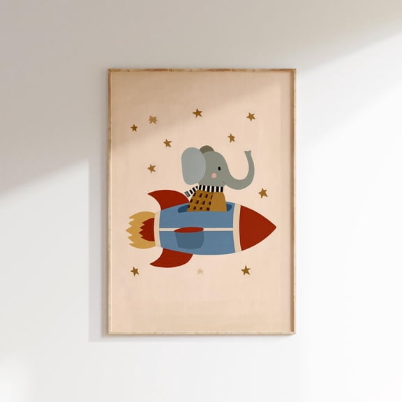 Elephant Rocket Print, Space Nursery Wall Art, Unframed Paper Poster 8x10in