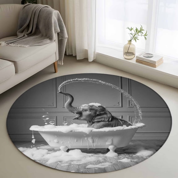 Elephant Round Area Rug 3Ft Washable Small Circle Rugs for Kitchen Entryway, Funny Animal Bathtub Abstract Art Grey Non-Slip Carpet Floor Mats Indoor Outdoor Carpet Runner Aesthetic Home Decor