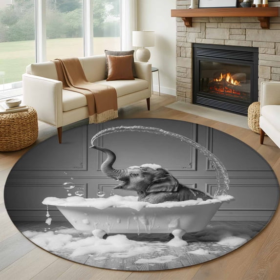 Elephant Round Rug 6ft Washable Circle Kitchen Rugs Non Slip Funny Animal Bathtub Abstract Art Grey Large Area Rug Indoor Floor Carpet for Bedroom Living Room Home Office Dining Room Nursery
